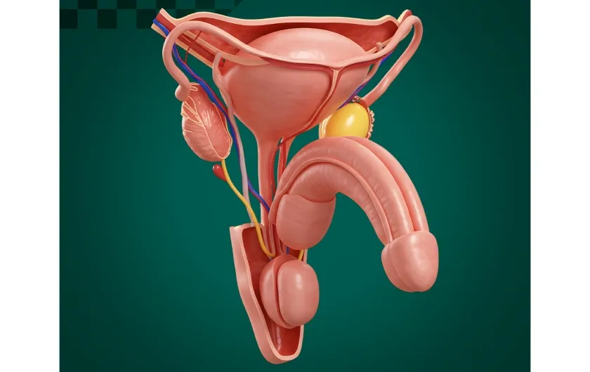 Anatomical illustration of the male reproductive organs, including the penis and its erection chambers
