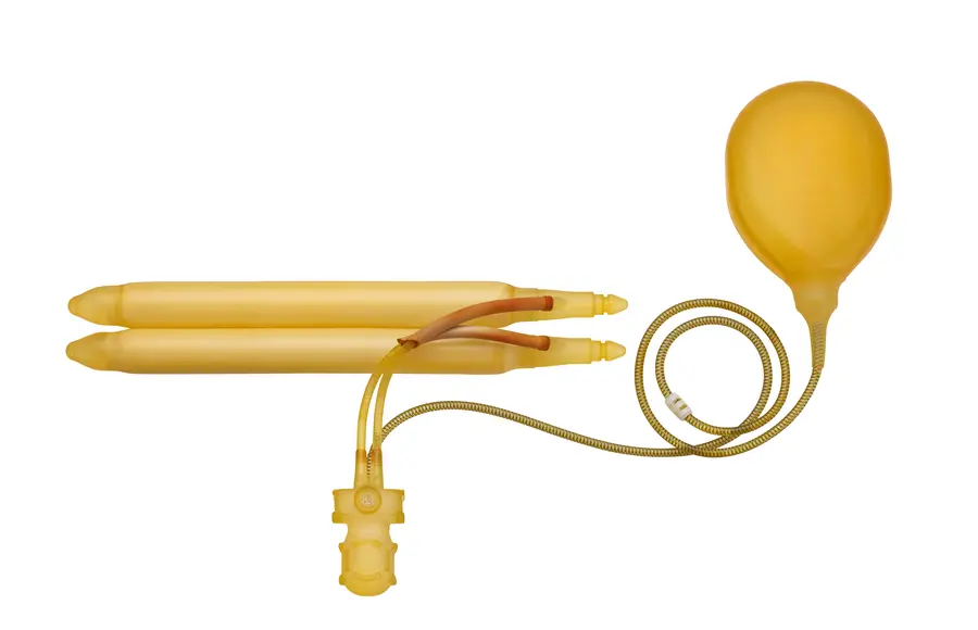 Boston Scientific AMS 700 three-piece inflatable penile implant with InhibiZone, showing the cylinders, the TENACIO pump and the reservoir