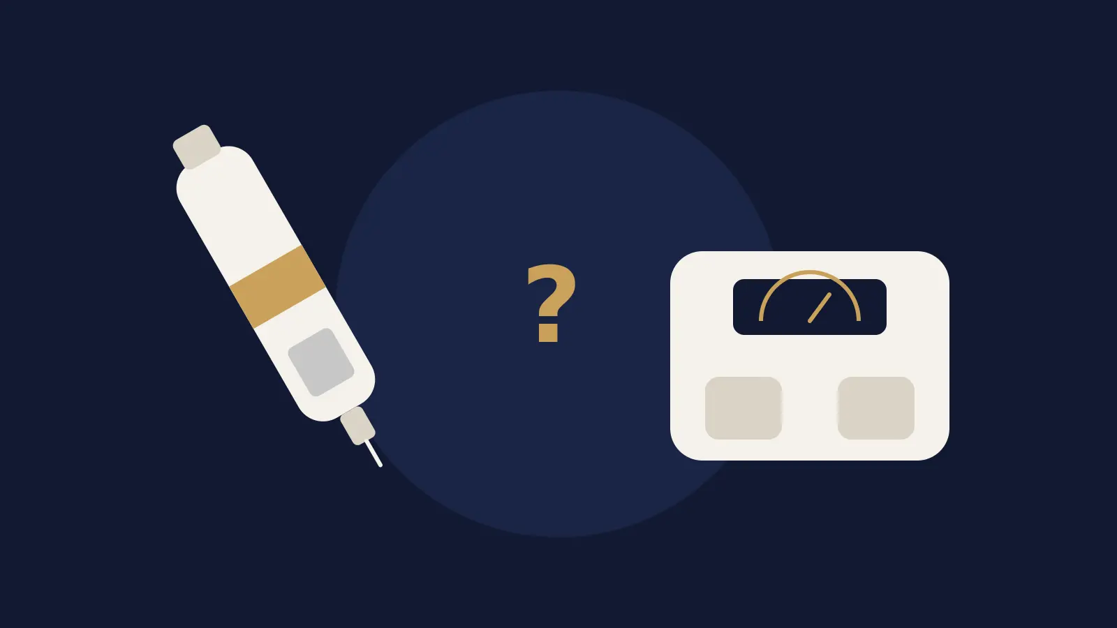 Illustration of an injector pen beside a bathroom scale, with a small question mark between them.