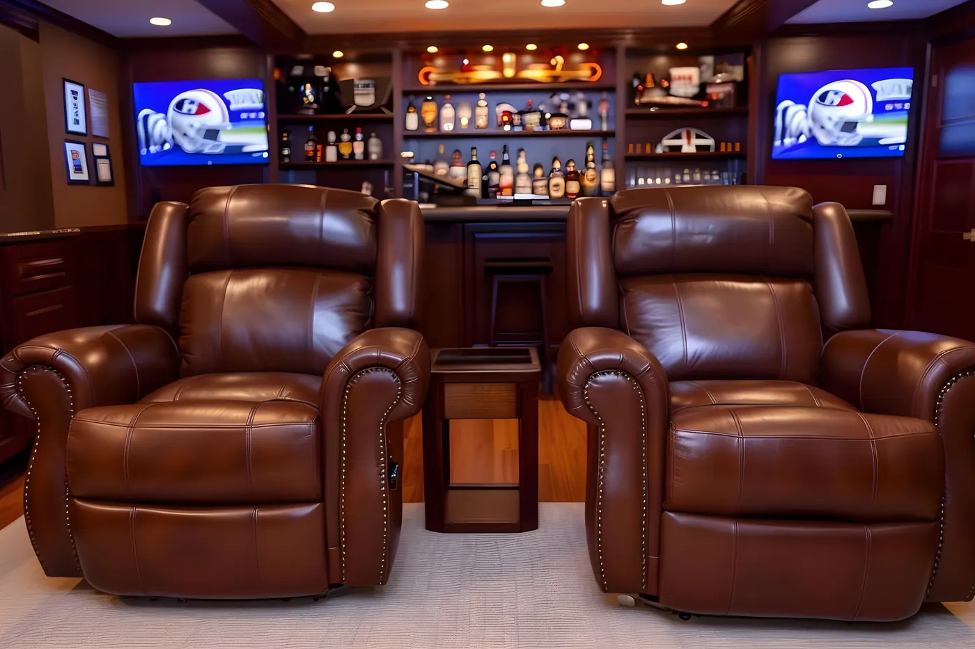 Two brown leather recliners in a wood-panelled man cave with a bar and wall-mounted TVs