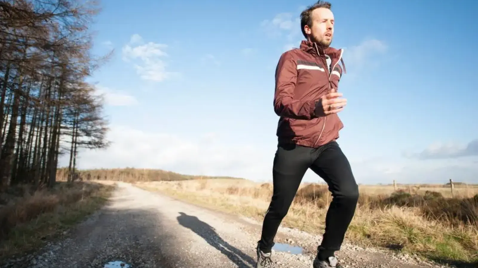 A man jogging along a country track on a sunny day