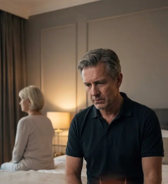 Middle-aged man sitting thoughtfully on the edge of a bed, his partner in the background
